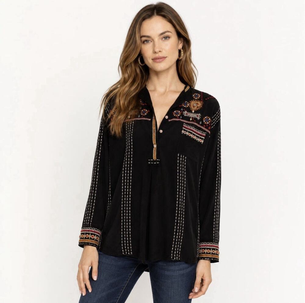 BIYA Johnny Was Silk Blouse Womens XL Black Ozee Embroidered Boho Top Shirt